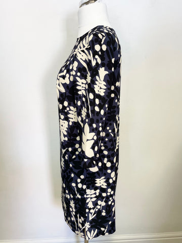 BODEN BLUE,BLACK & WHITE LEAF PRINT 3/4 SLEEVE SHIFT DRESS SIZE 12R