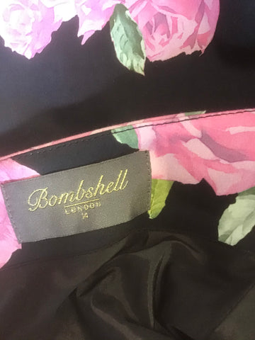 BRAND NEW BOMBSHELL BLACK & PINK ROSE PRINT HALF SLEEVE PENCIL DRESS SIZE 14