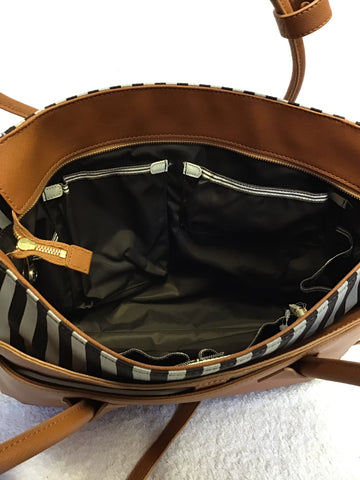 BRAND NEW RARE HENRI BENDEL MISS BENDEL TAN LEATHER & BROWN STRIPE BABY / TRAVEL BAG
