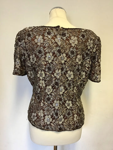 FRANK USHER BROWN BEADED & SEQUINED FLORAL SHORT SLEEVE TOP SIZE 14