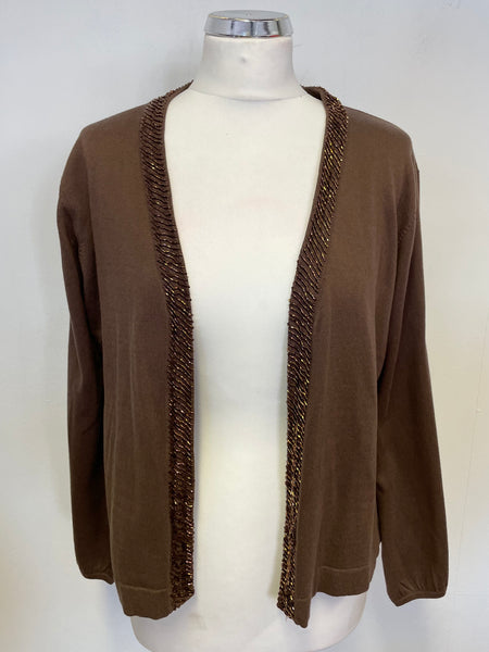 BRAND NEW ARTIGIANO COFFEE BROWN BEADED TRIM COTTON & SILK BLEND CARDIGAN SIZE L