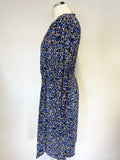 BRAND NEW MAUVETTE BLUE,BLACK & WHITE FLORAL PRINT PLEATED TIE BELT LONG SLEEVE DRESS SIZE 16