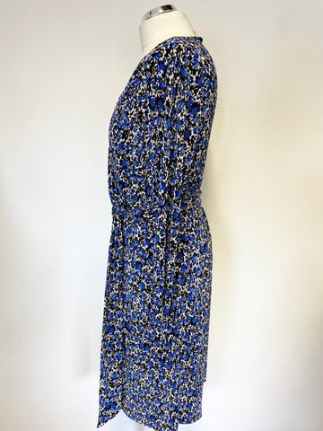 BRAND NEW MAUVETTE BLUE,BLACK & WHITE FLORAL PRINT PLEATED TIE BELT LONG SLEEVE DRESS SIZE 16