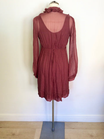 PHASE EIGHT TERRACOTTA SILK OVERLAY LONG SLEEVE RUFFLE TRIM DRESS SIZE L UK 12/14