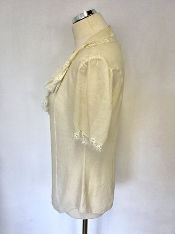 TEMPERLEY IVORY SILK FRILL & LACE TRIM SHORT SLEEVE BLOUSE SIZE 10