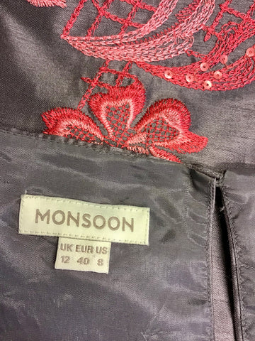 MONSOON GREY WITH PINK & RED FLORAL EMBROIDERY CAP SLEEVE SHIFT DRESS SIZE 12