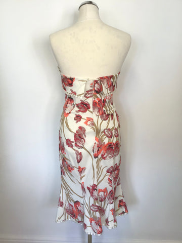 KATEN MILLEN CREAM & RED TULIP PRINT STRAPLESS PENCIL DRESS SIZE 10