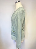 WRAP DUCK EGG COTTON & SILK TRIMMED SPOT CARDIGAN/ TOP SIZE 10