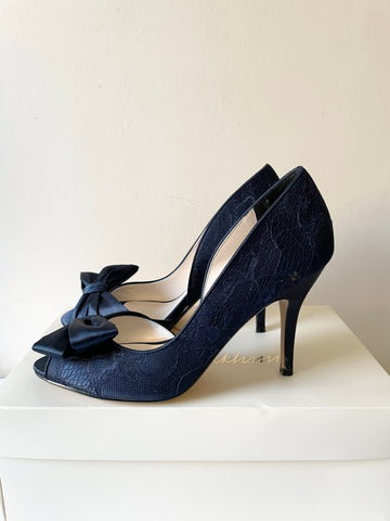 NO 1 JENNY PACKHAM PEONIE NAVY BLUE LACE BOW TRIM PEEPTOE HEELS SIZE 6/39