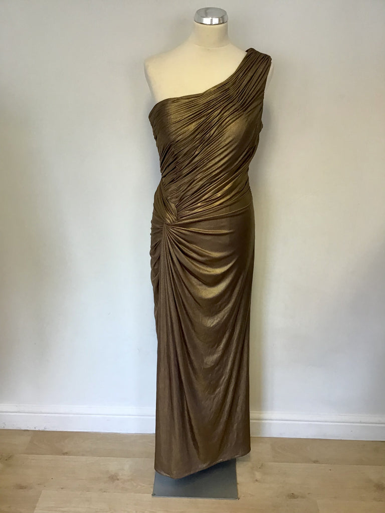 BIBA BRONZE METALLIC ONE SHOULDER GRECIAN STYLE LONG EVENING DRESS SIZ Whispers Dress Agency BIBA BRONZE METALLIC ONE SHOULDER GRECIAN STYLE LONG EVENING DRESS SIZ Whispers Dress Agency