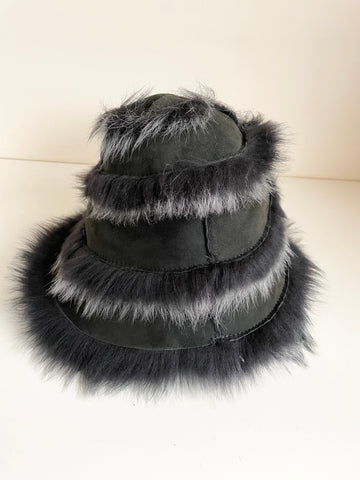 KARL DONOGHUE BLACK REVERSIBLE SHEARLING LAMBSKIN FUR LINED BUCKET HAT ONE SIZE