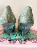 IRREGULAR CHOICE TURQUOISE & GOLD PAISLEY PRINT PERSPEX HEELS SIDE 7/40