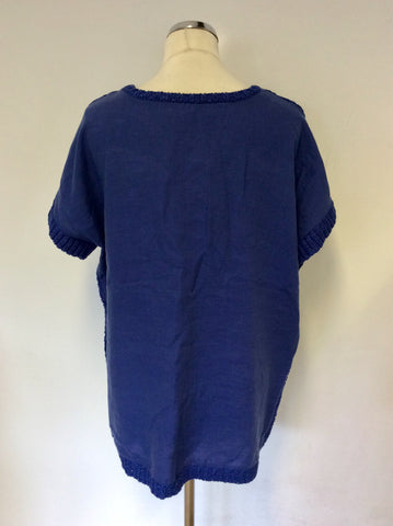 OUI BLUE KNIT FRONT WITH LINEN BACK JUMPER/TOP SIZE 14