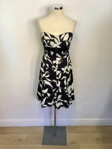 KAREN MILLEN BLACK,IVORY & GREY BOW PRINT STRAPLESS OCCASION DRESS SIZE 12
