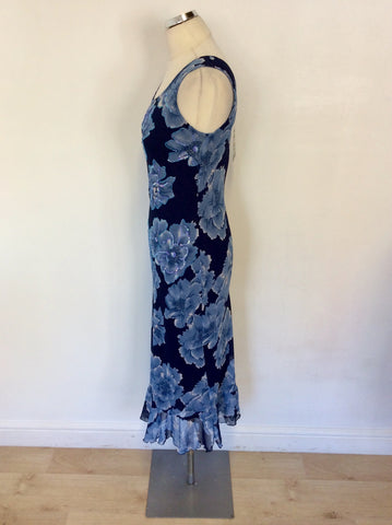 BRAND NEW CASAMIA DARK BLUE FLORAL PRINT SEQUINNED TRIM DRESS SIZE 12