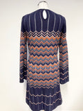 MONSOON NAVY BLUE & ORANGE CHEVON PATTERNED FINE KNIT DRESS SIZE 12