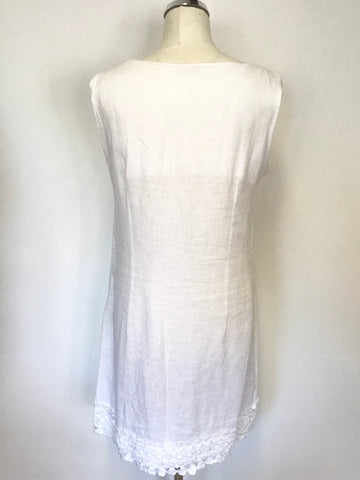 MADE IN ITALY WHITE LINEN APPLIQUÉ TRIM SLEEVELESS SHIFT DRESS SIZE L