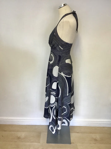MONSOON NAVY BLUE & IVORY PRINT HALTERNECK DRESS SIZE 10