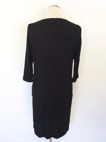 JIGSAW BLACK FRILL TRIM DRAWSTRING TIE WAIST 3/4 SLEEVE DRESS SIZE 12