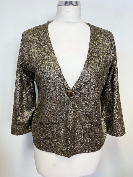 BRAND NEW CRUMPET GOLD SEQUINNED & KNIT BACK CARDIGAN SIZE M