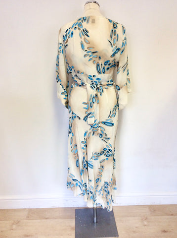 SATSUMA CREAM & TURQUOISE PRINT SLEEVELESS DRESS & MATCHING WRAP AROUND TOP SIZE 12