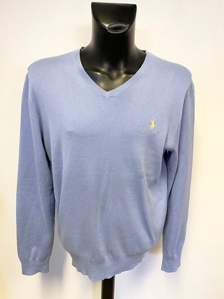 RALPH LAUEN POLO PALE BLUE V NECK COTTON JUMPER SIZE XL SLIM FIT