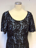 GINA BACCONI BLACK LACE & BLUE LINED SHORT SLEEVE PENCIL DRESS SIZE 16