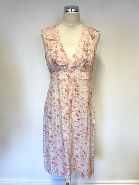 JIGSAW IVORY & PINK FLORAL PRINT 100% SILK FRILL TRIM SLEEVELESS DRESS SIZE 12