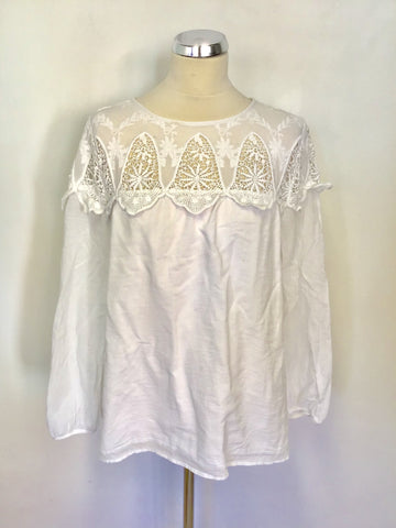 WHITE STUFF WHITE EMBROIDERED & LACE TRIM LONG SLEEVE TOP SIZE 16