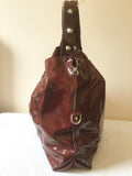 RUSSELL & BROMLEY BURGUNDY PATENT LEATHER SILVER STUD TRIM SHOULDER BAG