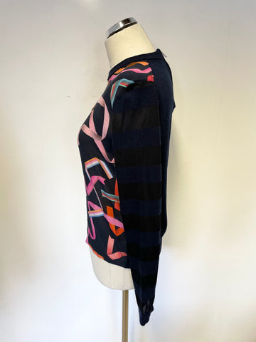 PAUL SMITH NAVY BLUE WOOL KNIT & MULTI COLOURED SILKY FRONT JUMPER SIZE M