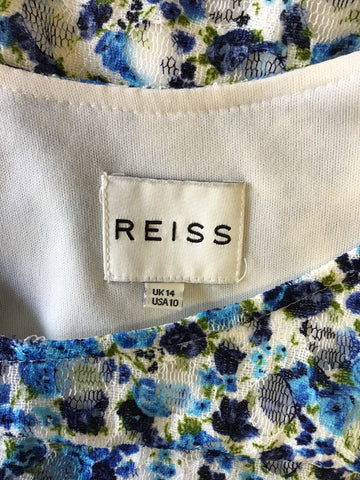 REISS RACHEL TURQOUISE,BLUE & WHITE FLORAL PRINT STRETCH SHORT SLEEVE DRESS SIZE 14