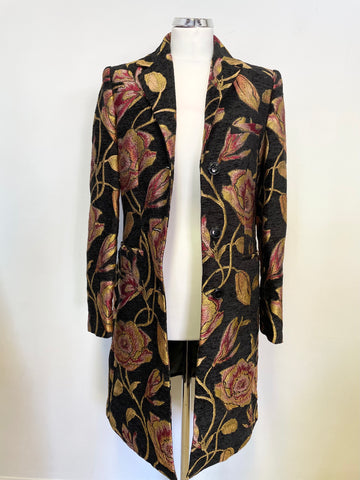 BRAND NEW MARKS & SPENCER BLACK WITH GOLD & RED FLORAL PRINT JACQUARD EMBROIDERED COAT SIZE 8
