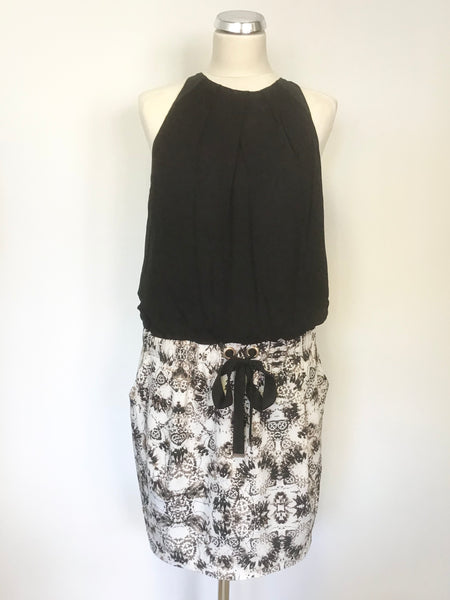 MINT VELVET BLACK TOP WITH BROWN & CREAM PRINTED SKIRT DRESS SIZE 12