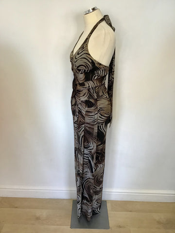 KAREN MILLEN BLACK & BROWN PRINT HALTERNECK MAXI DRESS SIZE 10