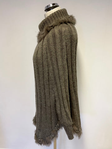 M.R COLLECTION BROWN RIBBED RABBIT FUR TRIM PONCHO / JUMPER ONE SIZE