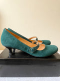 BRAND NEW JONES BOOTMAKER TEAL/ GREEN SUEDE MARY JANE KITTEN HEELS SIZE 7.5/41