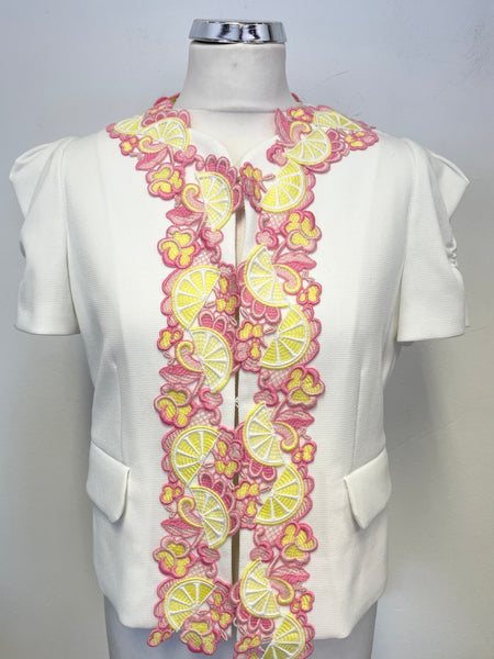 BRAND NEW MOSCHINO WHITE WITH LEMON & PINK EDGE TRIM SHORT SLEEVE JACKET SIZE UK 10