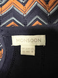 MONSOON NAVY BLUE & ORANGE CHEVON PATTERNED FINE KNIT DRESS SIZE 12