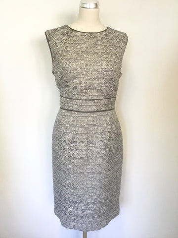 JAEGER NAVY BLUE,IVORY & SILVER WEAVE SLEEVELESS PENCIL DRESS SIZE 16