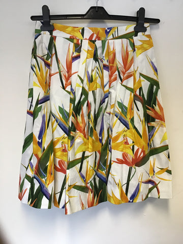 KAREN MILLEN WHITE & TROPICAL FLOWER PRINT KNEE LENGTH SKIRT SIZE 10