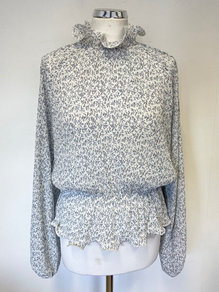 GOLDEN LIVE BLUE DITSY FLORAL PRINT LONG SLEEVE BLOUSON TOP SIZE S