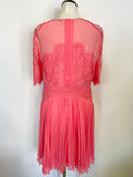 WHISTLES CORAL PINK LACE BODICE  SHORT SLEEVE PLEATED SKIRT FIT & FLARE DRESS SIZE 16
