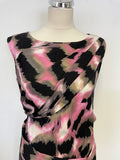 DIANE VON FURSTENBERG PINK,BLACK, BEIGE & IVORY PRINT SILK DRAPED PENCIL DRESS SIZE 12