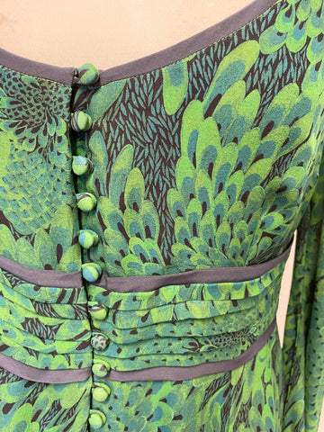 BRAND NEW JENNY DYER 100% SILK GREEN & BLACK PRINT FIT & FLARE DRESS SIZE 10