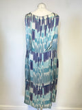 JACQUES VERT TURQUOISE & BLUE PRINT SLEEVELESS SILK SHIFT DRESS SIZE 22