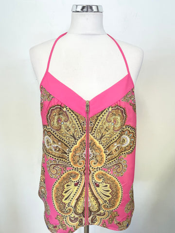 TED BAKER HEVEA PINK & GOLD PAISLEY PRINT STRAPPY ZIP FRONT TOP SIZE M