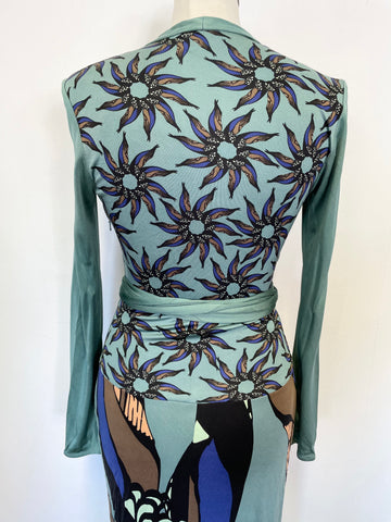 ISSA LONDON GREEN & MULTI COLOURED SILK LONG SLEEVE MAXI DRESS SIZE 8