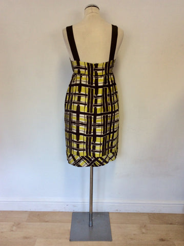 JIGSAW BROWN & LIME PRINT SILK STRAPPY DRESS SIZE 10