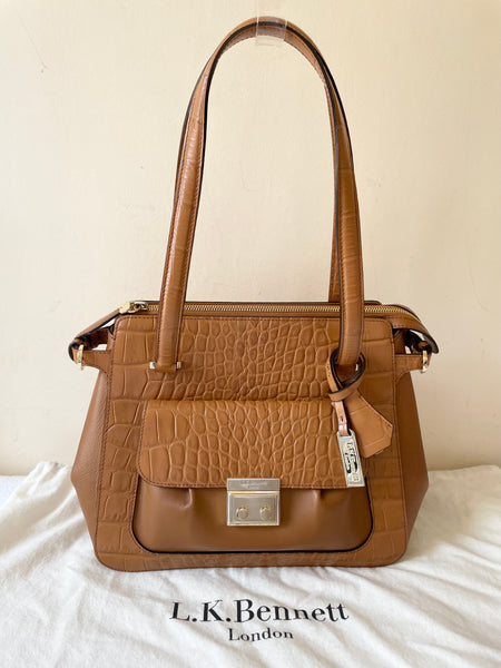 LK BENNETT TAN LEATHER CROC DESIGN TRIM SHOULDER BAG
